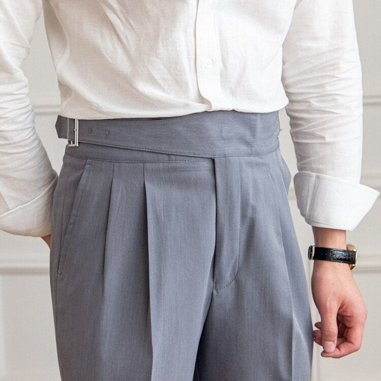 George Men’s High-Waisted Trousers – Tailored Fit – Pleated Front – Adjustable Side Buckle