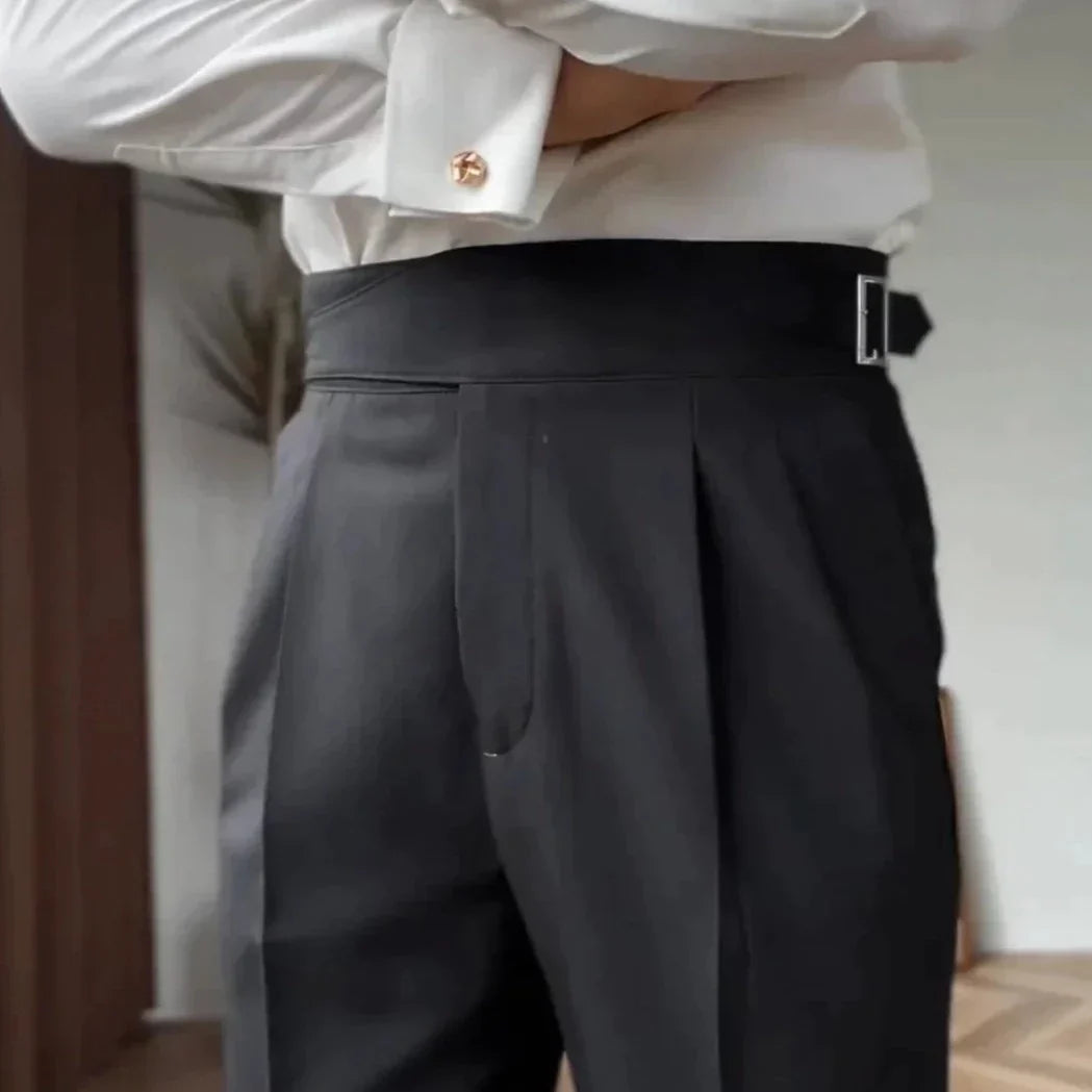 George Men’s High-Waisted Trousers – Tailored Fit – Pleated Front – Adjustable Side Buckle