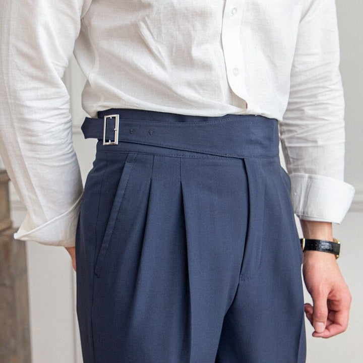 George Men’s High-Waisted Trousers – Tailored Fit – Pleated Front – Adjustable Side Buckle