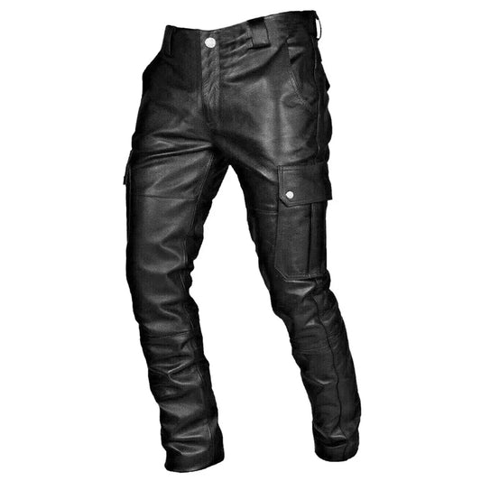 Men's Black Biker Pants – Faux Leather Motorcycle Trousers with Cargo Pockets