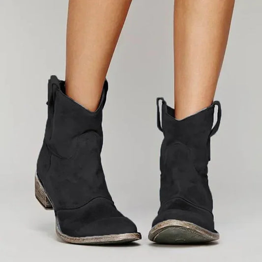 Women's Suede Ankle Boots with Low Heel and Western Toe – Vintage Style