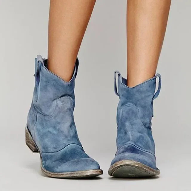 Women's Suede Ankle Boots with Low Heel and Western Toe – Vintage Style