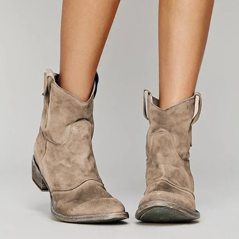 Women's Suede Ankle Boots with Low Heel and Western Toe – Vintage Style