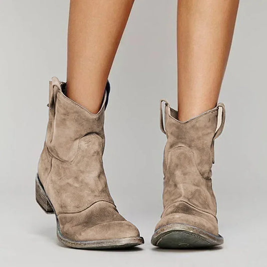 Women's Suede Ankle Boots with Low Heel and Western Toe – Vintage Style