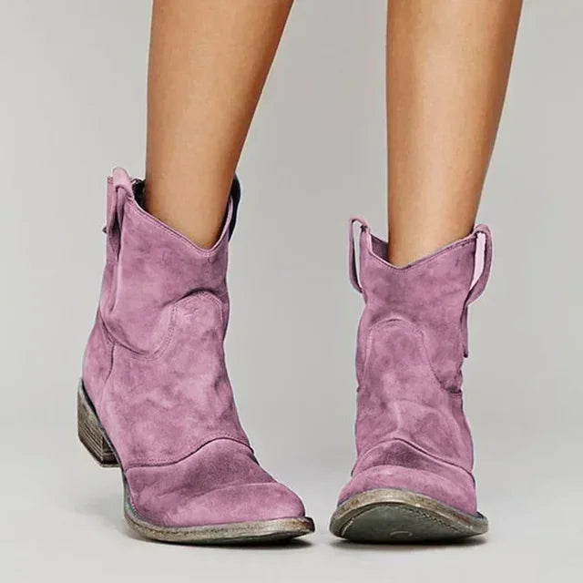 Women's Suede Ankle Boots with Low Heel and Western Toe – Vintage Style